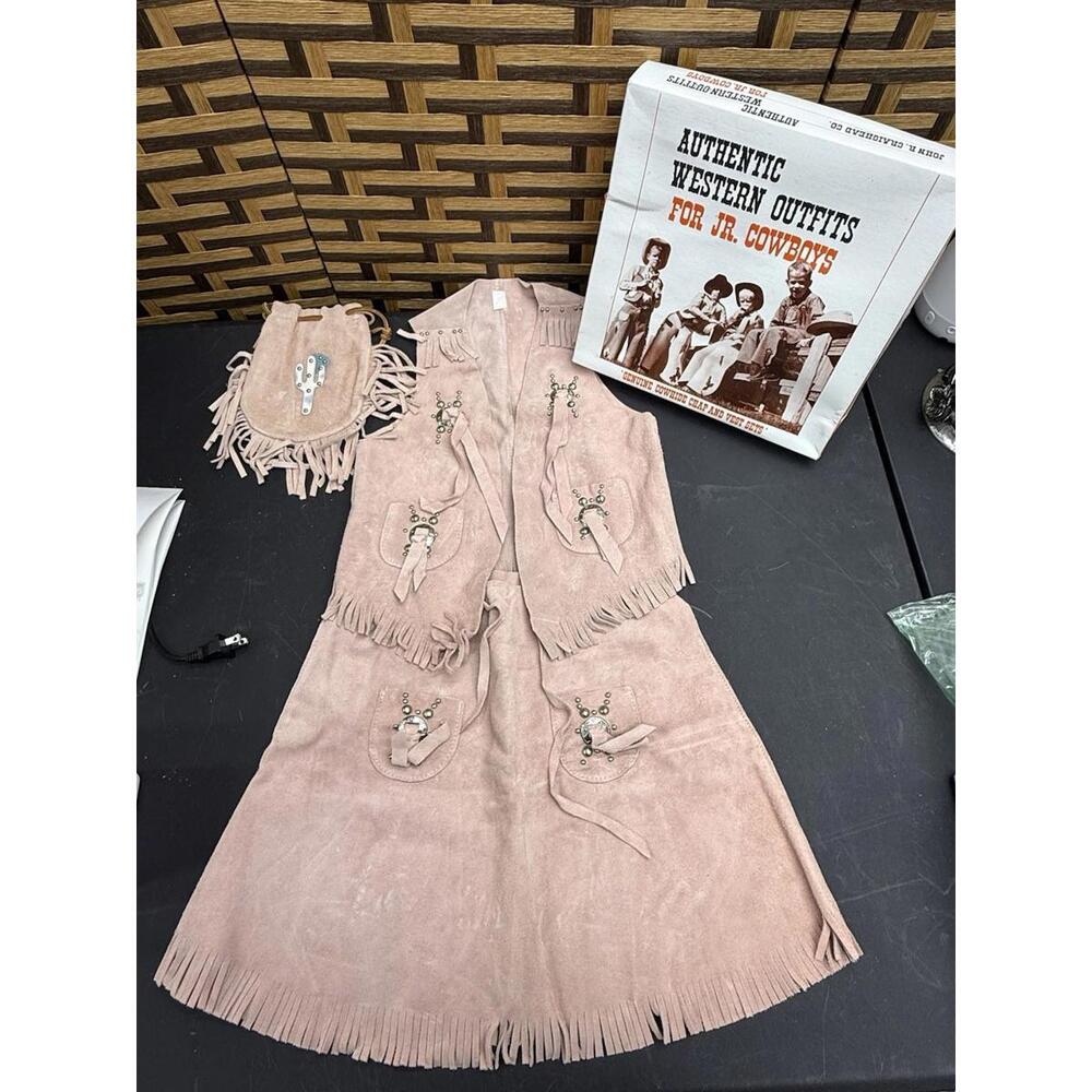 Vintage JR Craighead Kids Cowgirl PINK Suede w/ Fringe Set  Sz Large